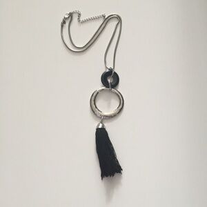 Chico's Statement Necklace Chunky Silver Black Tassel Costume Jewelry 27" Long